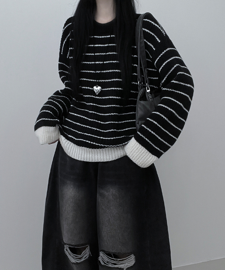 ワッぺンバイカラーストライプニット BLACK