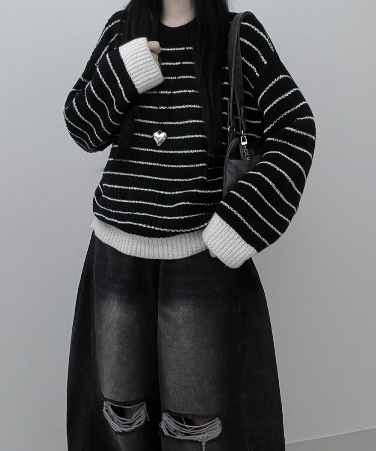 ワッぺンバイカラーストライプニット BLACK