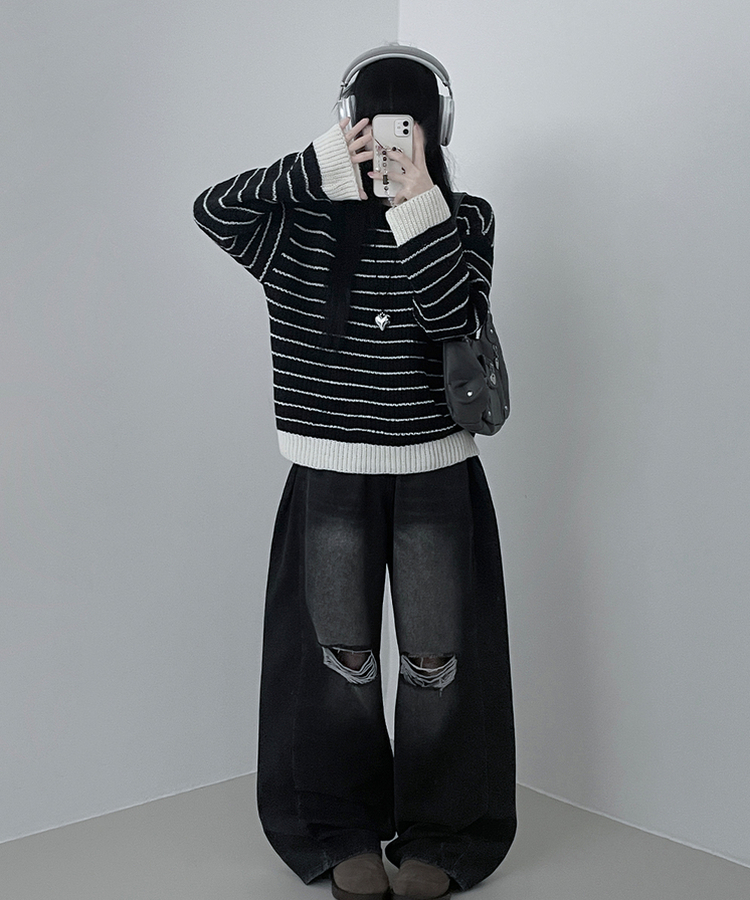 ワッぺンバイカラーストライプニット BLACK