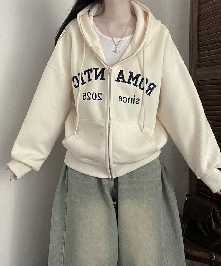 刺繍レタリングバルーンフードジップアップ(6color) CREAM