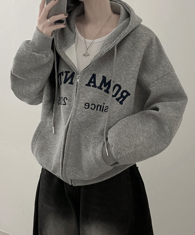 刺繍レタリングバルーンフードジップアップ(6color) GREY