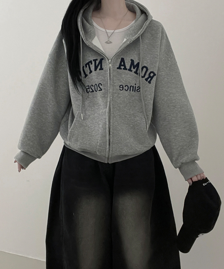 刺繍レタリングバルーンフードジップアップ(6color) GREY