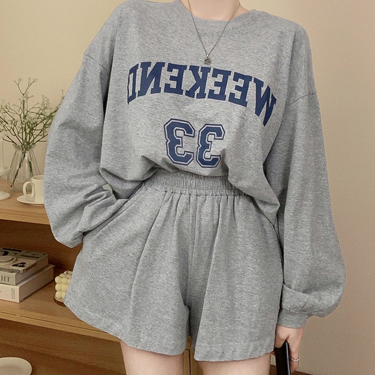 【SET】レタリングラウンド長袖Tシャツ ショートパンツ GREY