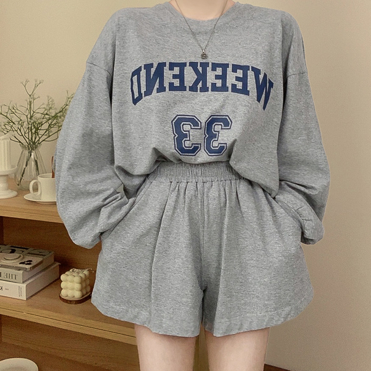 【SET】レタリングラウンド長袖Tシャツ ショートパンツ GREY