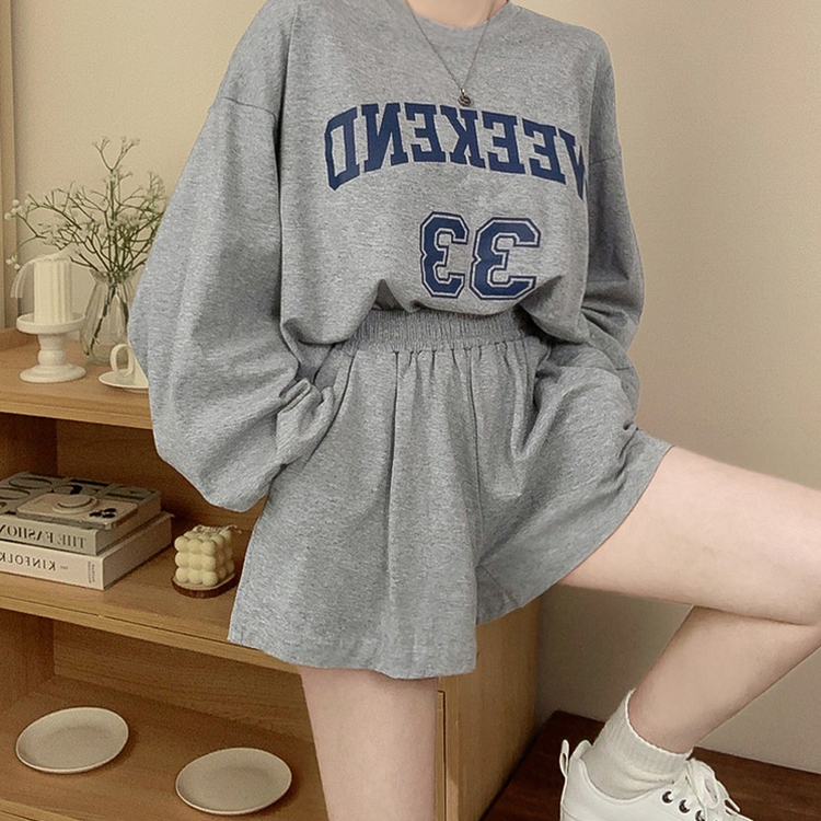 【SET】レタリングラウンド長袖Tシャツ ショートパンツ GREY