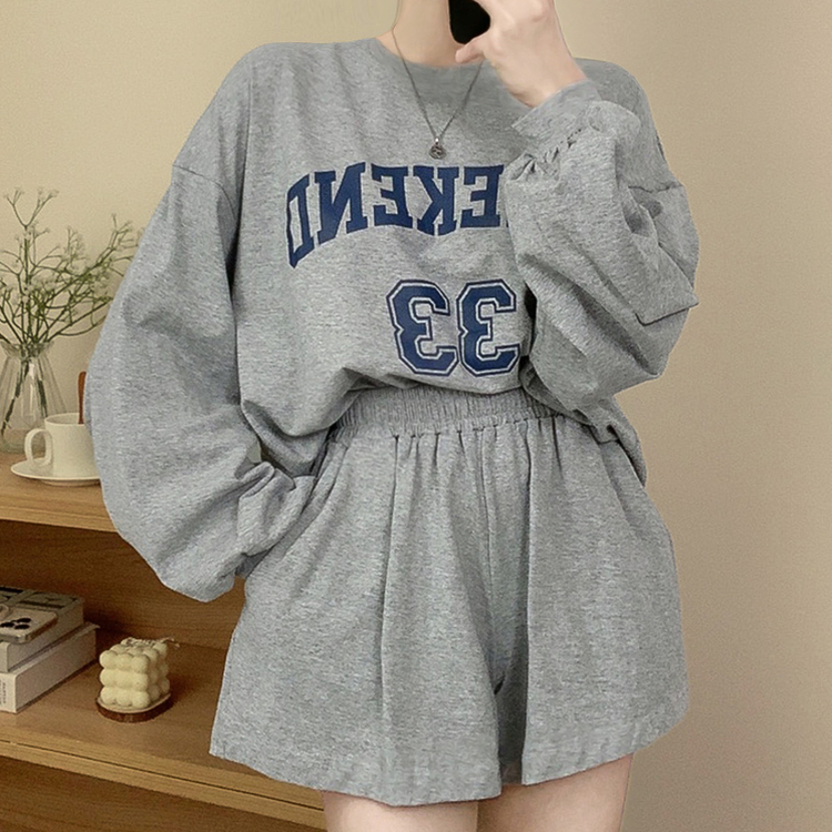 【SET】レタリングラウンド長袖Tシャツ ショートパンツ GREY