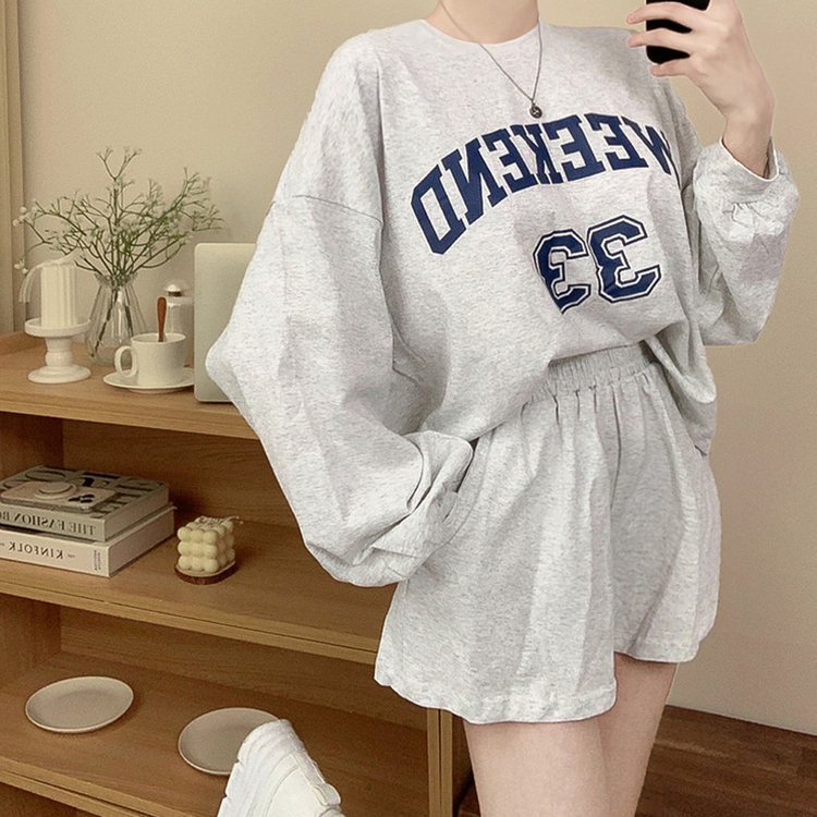 【SET】レタリングラウンド長袖Tシャツ ショートパンツ IVORY