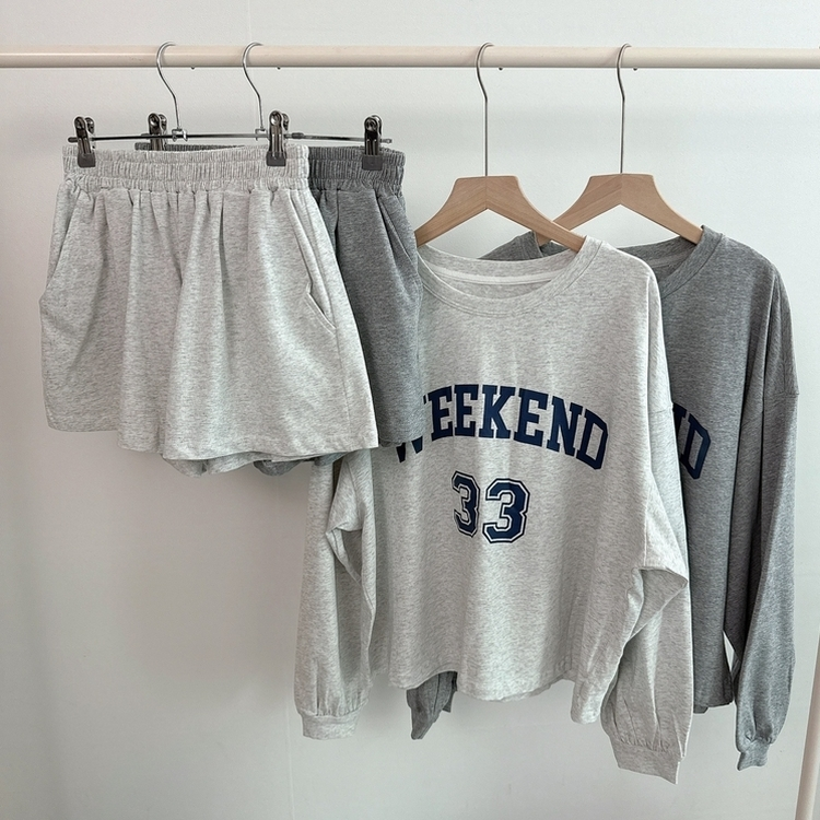 【SET】レタリングラウンド長袖Tシャツ ショートパンツ