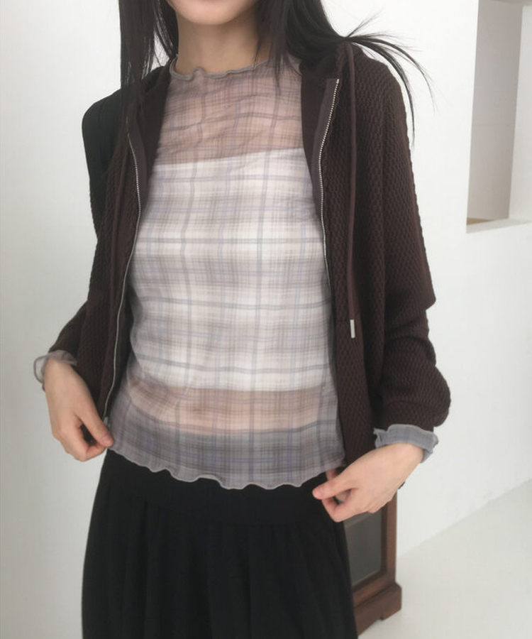 シースルーチェック長袖Tシャツ BEIGE