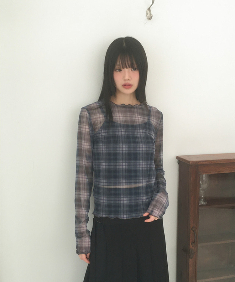 シースルーチェック長袖Tシャツ NAVY