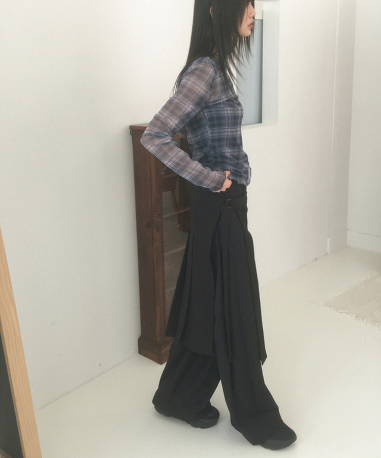 シースルーチェック長袖Tシャツ NAVY
