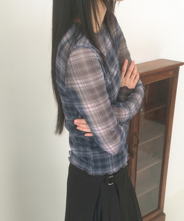 シースルーチェック長袖Tシャツ NAVY