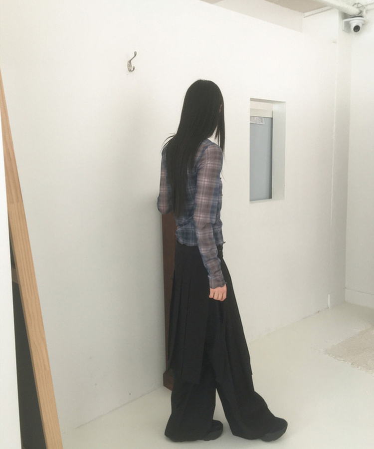 シースルーチェック長袖Tシャツ NAVY