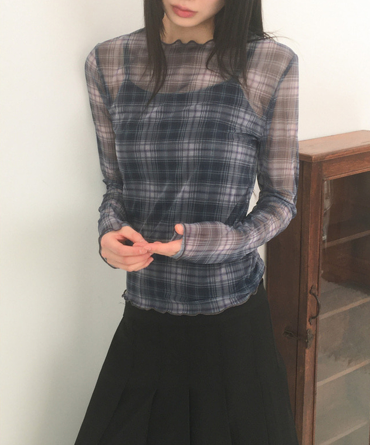 シースルーチェック長袖Tシャツ NAVY
