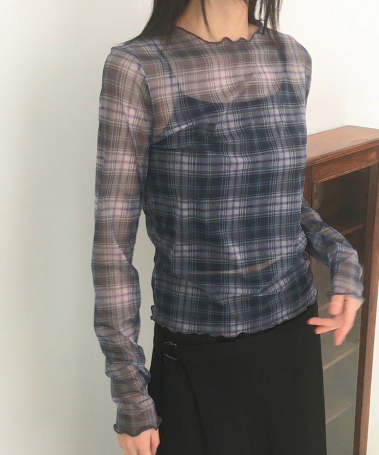 シースルーチェック長袖Tシャツ NAVY