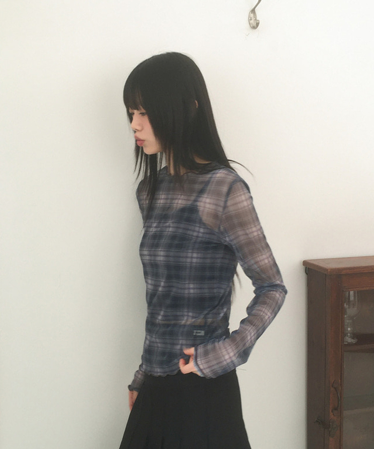 シースルーチェック長袖Tシャツ NAVY