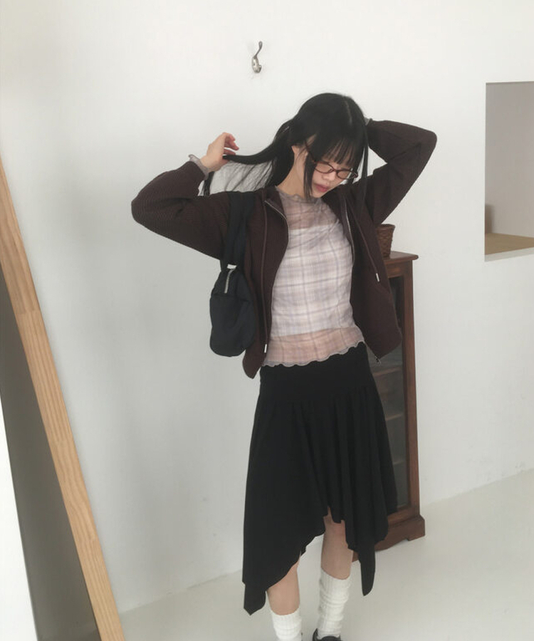 シースルーチェック長袖Tシャツ BEIGE