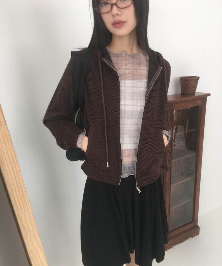 シースルーチェック長袖Tシャツ BEIGE