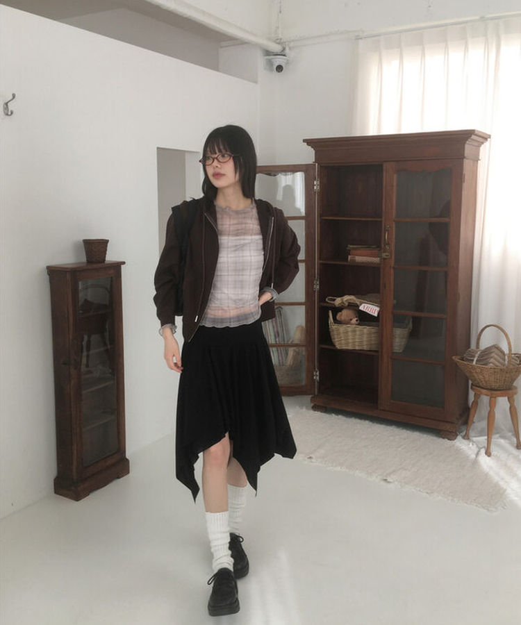シースルーチェック長袖Tシャツ BEIGE