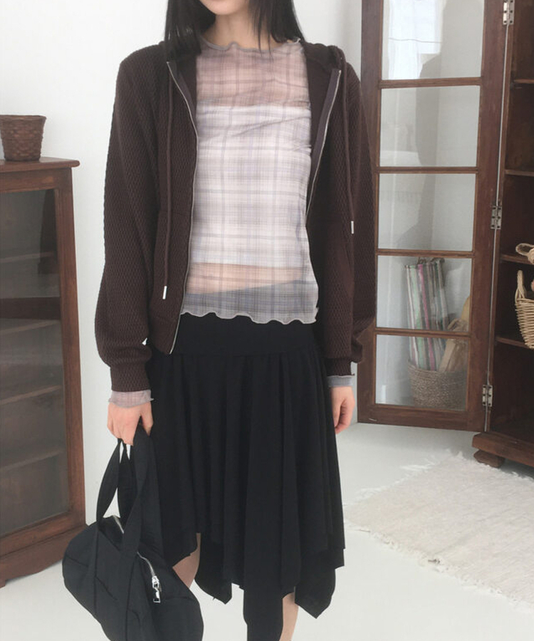 シースルーチェック長袖Tシャツ BEIGE