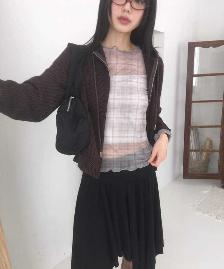 シースルーチェック長袖Tシャツ BEIGE