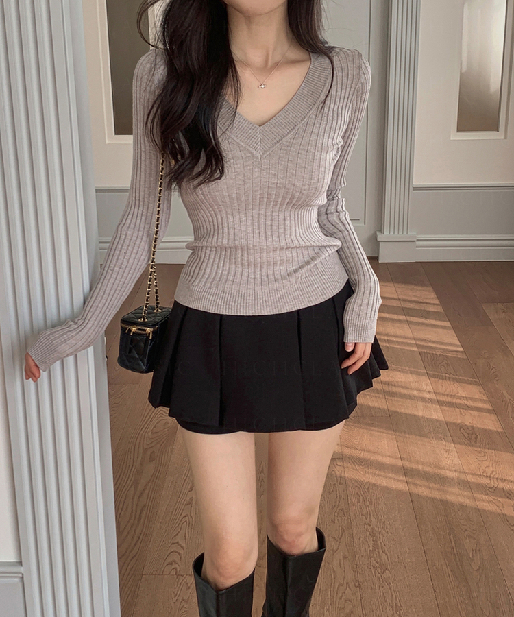 Vネックスリムニット GREY