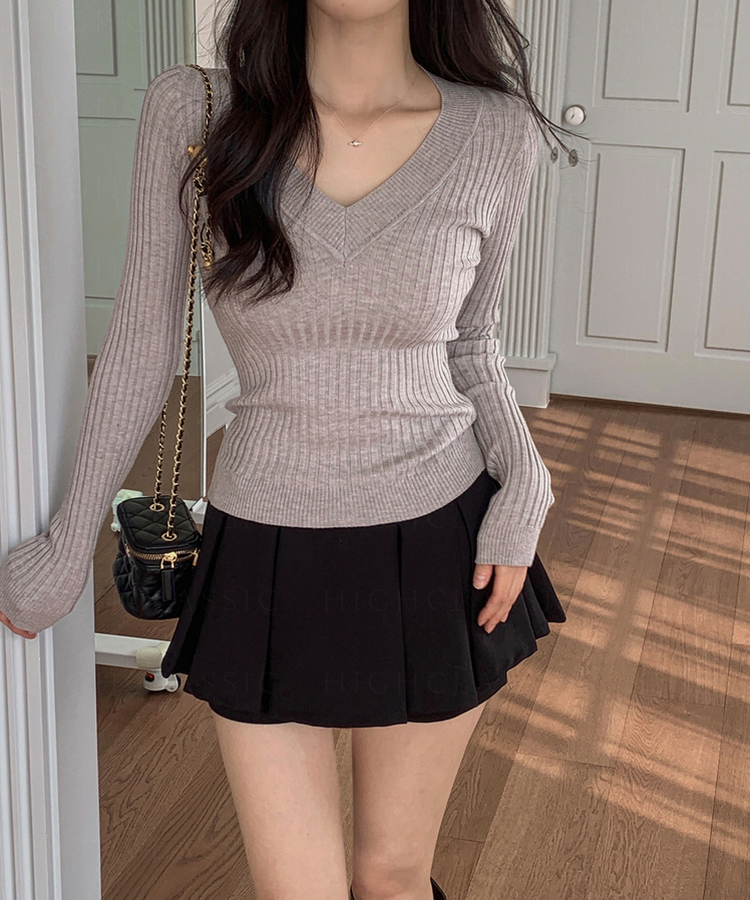 Vネックスリムニット GREY
