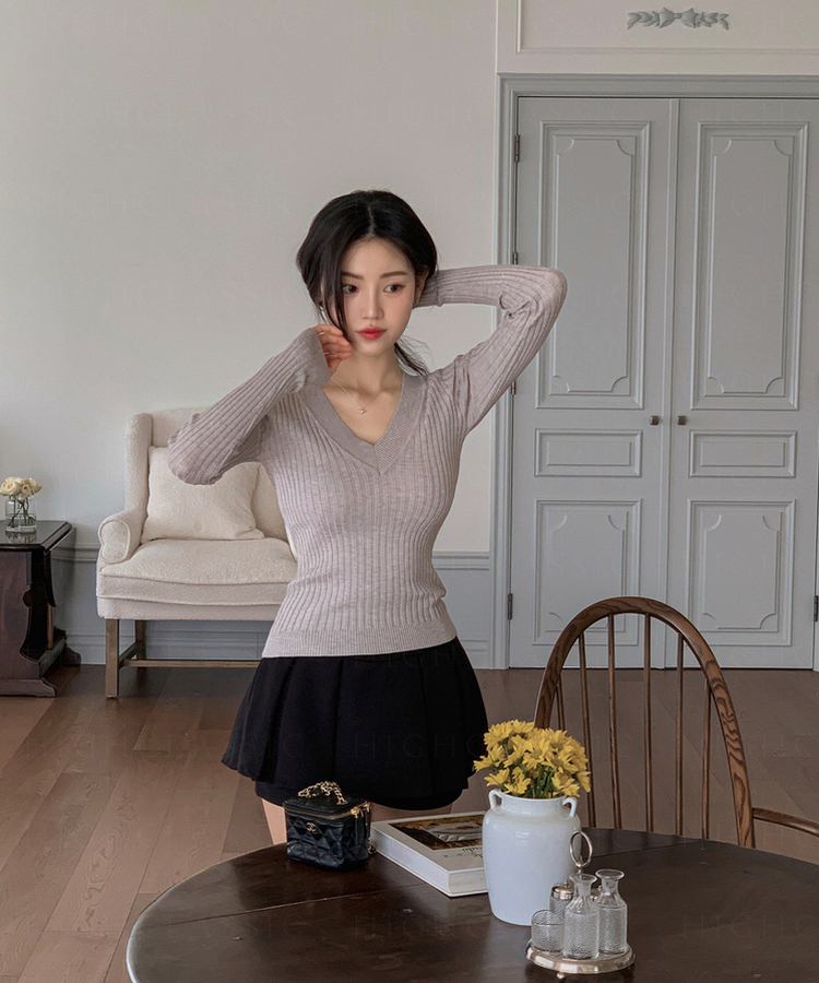Vネックスリムニット GREY