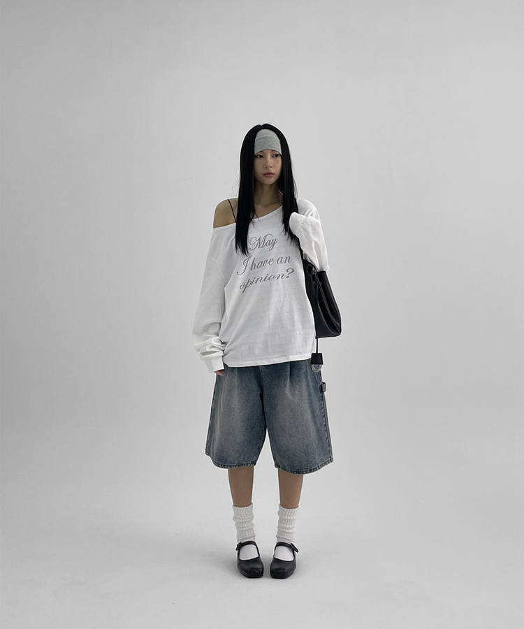 レタリングオフショルダー長袖Tシャツ IVORY