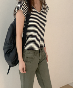 半袖Tシャツ コットンストライプUネックTシャツ NAVY
