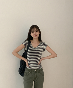 半袖Tシャツ コットンストライプUネックTシャツ NAVY