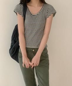 半袖Tシャツ コットンストライプUネックTシャツ NAVY