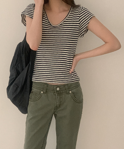 半袖Tシャツ コットンストライプUネックTシャツ NAVY