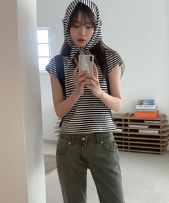 半袖Tシャツ コットンストライプUネックTシャツ NAVY