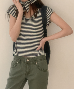 半袖Tシャツ コットンストライプUネックTシャツ NAVY