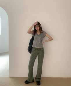 半袖Tシャツ コットンストライプUネックTシャツ NAVY