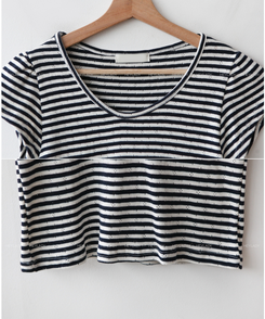 半袖Tシャツ コットンストライプUネックTシャツ