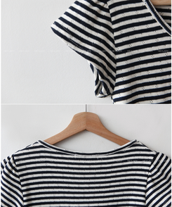 半袖Tシャツ コットンストライプUネックTシャツ
