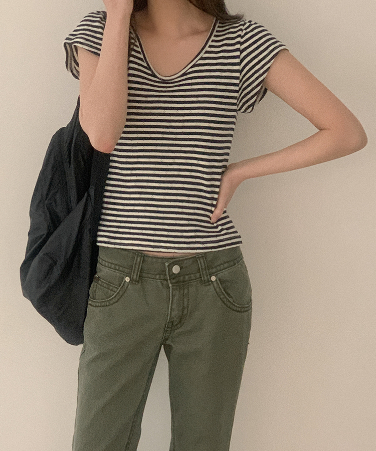 コットンストライプUネックTシャツ NAVY