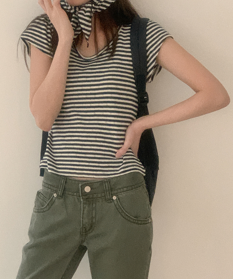 コットンストライプUネックTシャツ NAVY