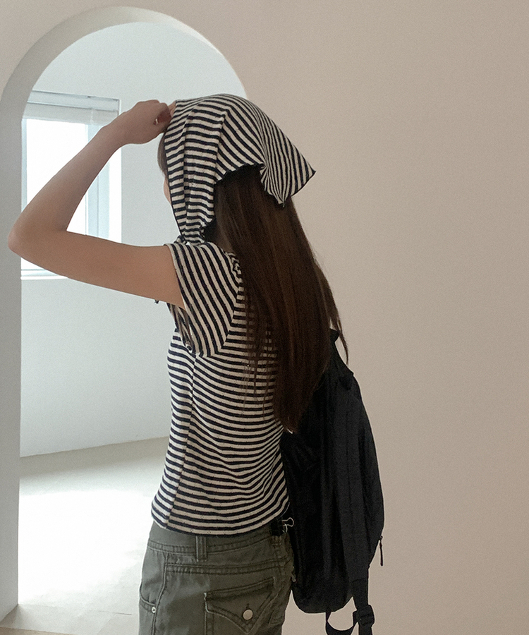 コットンストライプUネックTシャツ NAVY