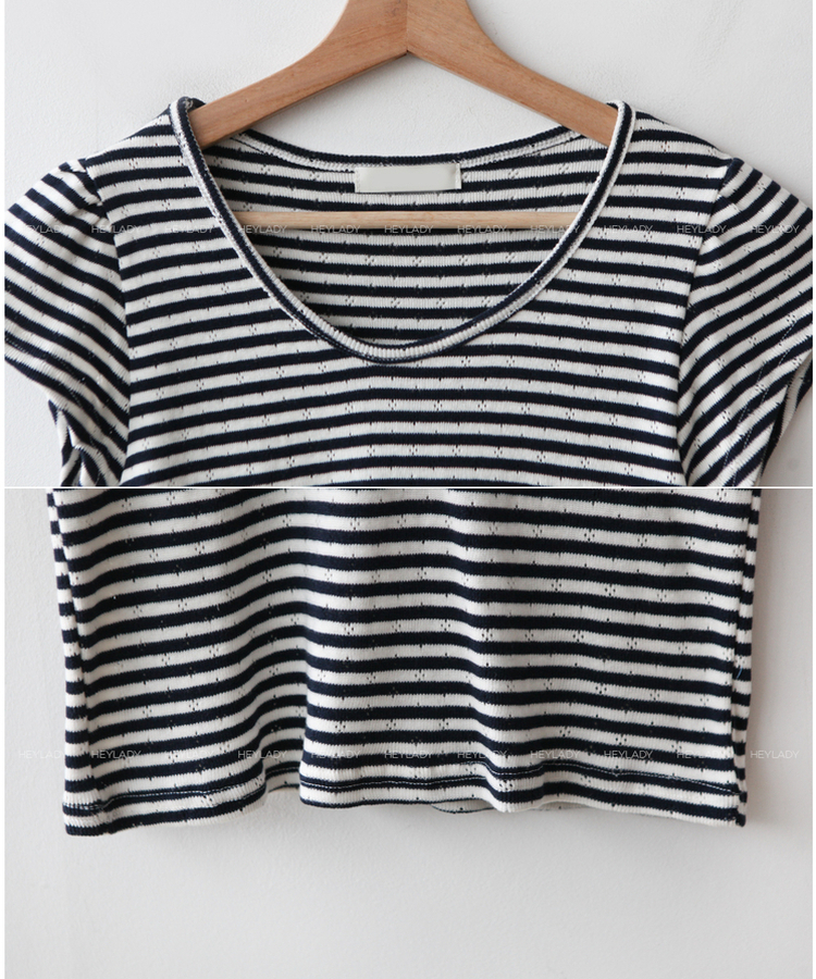 コットンストライプUネックTシャツ