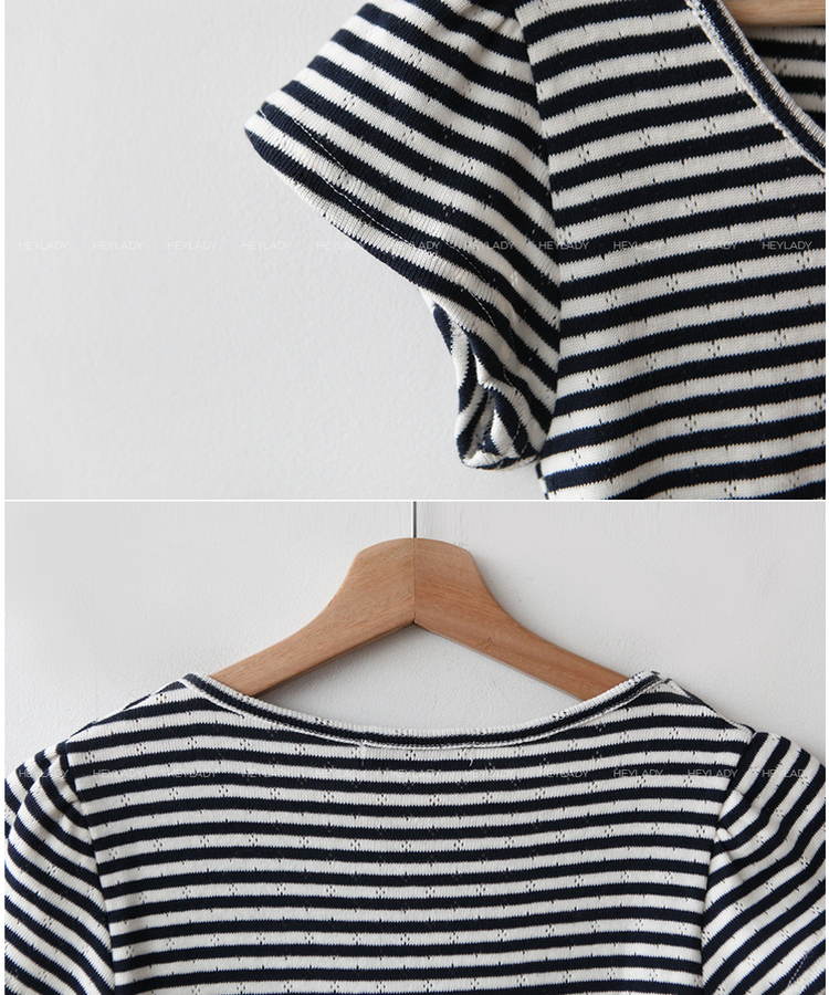 コットンストライプUネックTシャツ