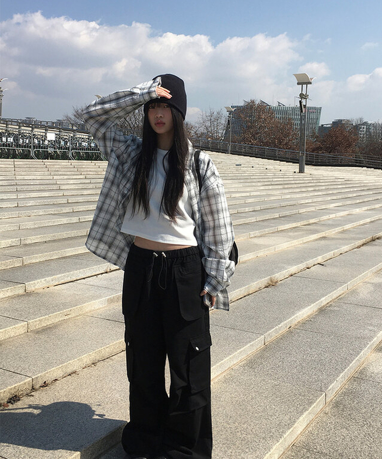 チェックオーバーフィット長袖シャツ(6color) WHITE