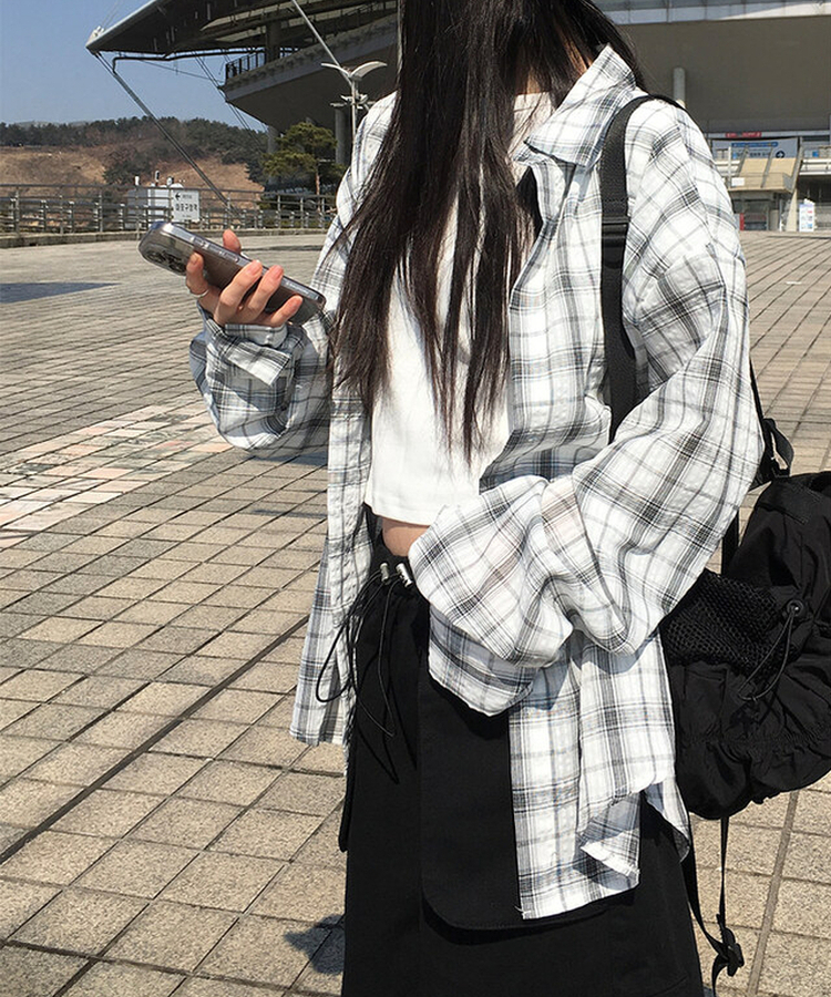 チェックオーバーフィット長袖シャツ(6color) WHITE