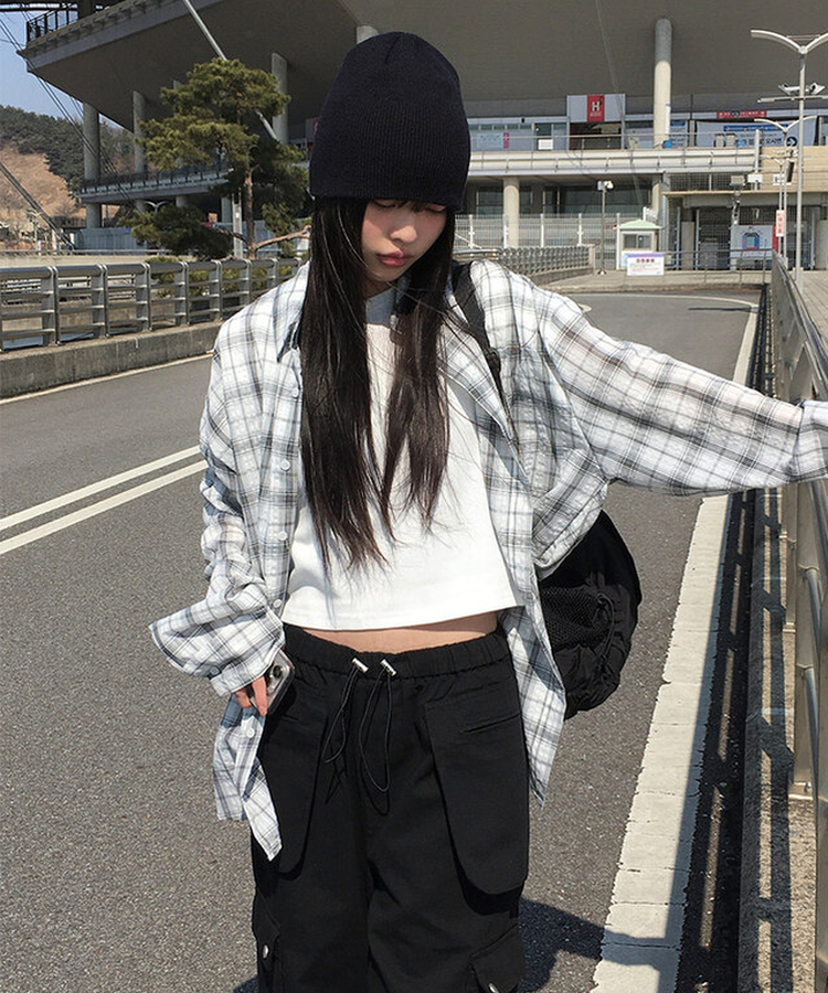 チェックオーバーフィット長袖シャツ(6color) WHITE