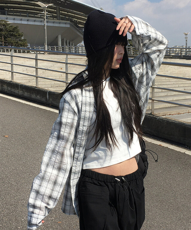 チェックオーバーフィット長袖シャツ(6color) WHITE