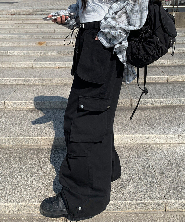 ピンタックカーゴワイドロングパンツ BLACK