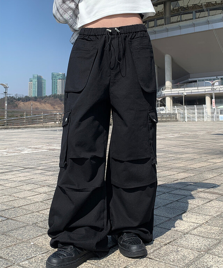 ピンタックカーゴワイドロングパンツ BLACK