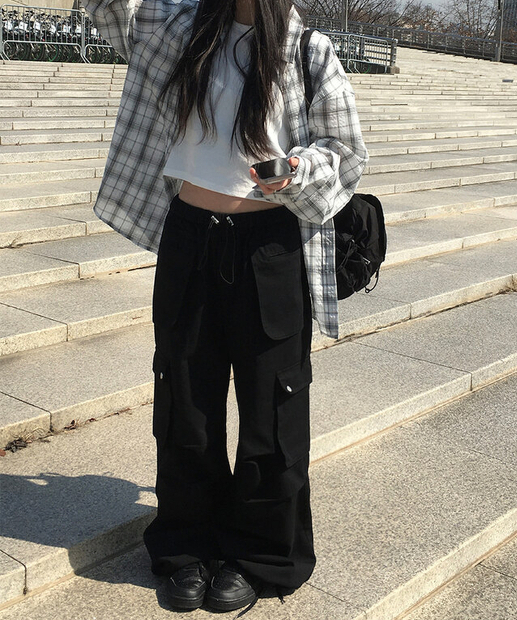 ピンタックカーゴワイドロングパンツ BLACK